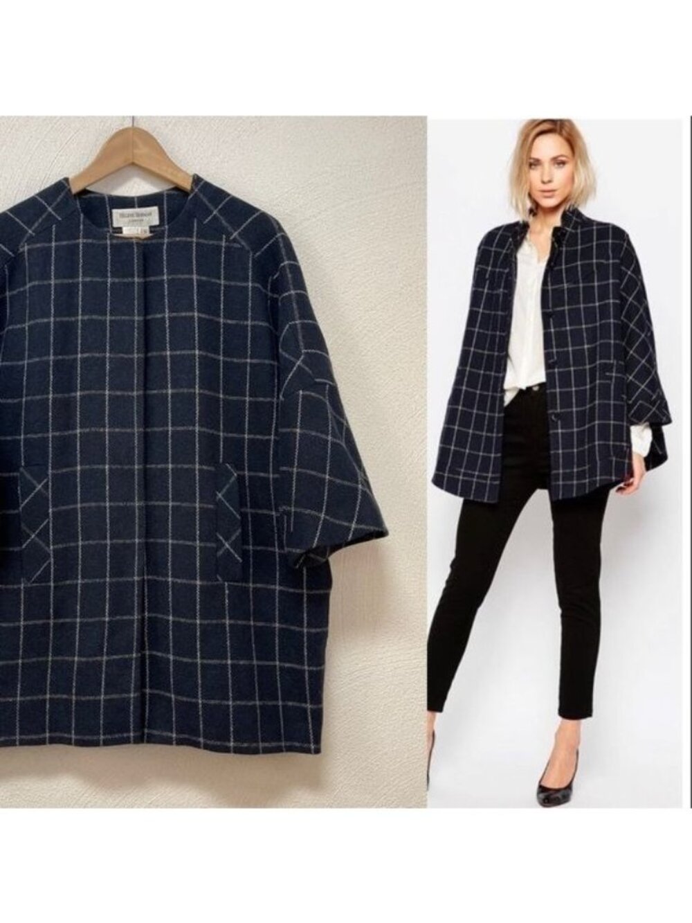Helene Berman London Blue Plaid 3/4 Kimono Sleeve Jacket Sz Small